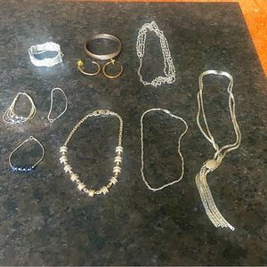 Vintage Silver & Bronze Costume Jewelry - 4 Necklaces, 5 Bracelets & Earrings